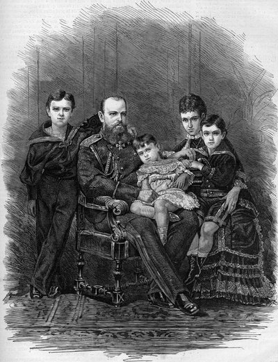 Portret rosyjskiej rodziny cesarskiej w 1881 roku: car Aleksander III (1845-1894) i Maria Fiodorowna (lub Fiodorowna lub Fiodorowna) (Mary Sophie Dagmar) autorstwa Etienne Gabriel Bocourt