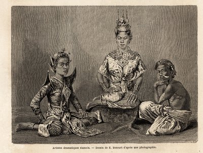 Syjamscy artyści dramatyczni, rysujący E. Bocoura, ilustrujący podróż Henri Mouhota do królestw Syjamu, Kambodży i Laosu w latach 1858-1861. Grawerowanie w „”Le tour du monde””, pod redakcją Edouarda Chartona autorstwa Etienne Gabriel Bocourt