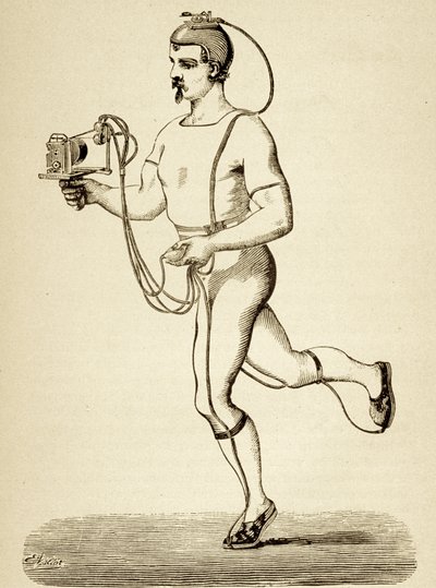 Biegacz zaopatrzony w przyrząd do rejestrowania jego różnych kroków, z Miesięcznika Popularnonaukowego, wyd.1875 autorstwa Etienne Jules Marey