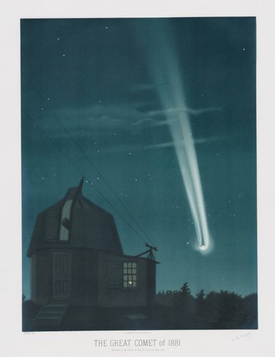 Wielka Kometa 1881, obserwowana w nocy z 25 na 26 czerwca o godz. 1.30, z The Trouvelot Astronomical Drawings 1881, wyd. 1881 (litografia kolorowa) autorstwa Étienne Léopold Trouvelot