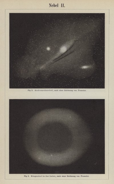 Widoki Mgławicy Andromeda i Mgławicy Pierścień w gwiazdozbiorze Liry (rycina) autorstwa Étienne Léopold Trouvelot