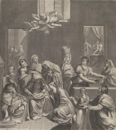 Narodziny Matki Boskiej, siedząca kobieta z niemowlęciem na kolanach, liczne kobiety wokół..., 1677. autorstwa Etienne Picart