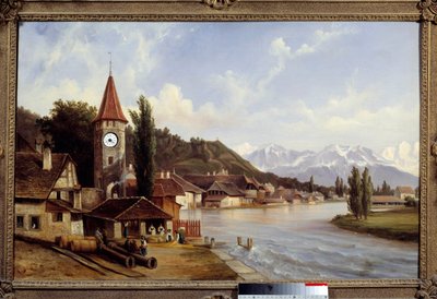 Widok na wieś Thun w Szwajcarii. Obraz Etienne Raffort (1802-1895) autorstwa Etienne Raffort