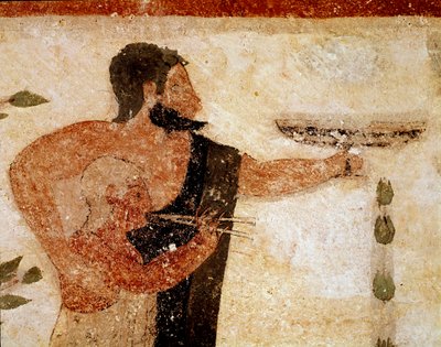 Brodaty mężczyzna przedstawiający filiżankę, obok niego muzyk (Detal fresku, 530 pne) autorstwa Etruscan