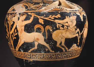Amfora Malarza Centauromachów, detal przedstawiający walkę centaurów. Ceramika czerwonofigurowa z Porano (Umbria). Cywilizacja etruska, IV wiek p.n.e. autorstwa Etruscan
