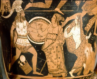 Antyczny etruski: krater w dzwonie przedstawiający zniszczenie Troi: szczegół przedstawiający Menelasa w obliczu Afrodyty, Helene jest przedstawiona po prawej stronie. Z Falerii Veteres (Civita Castellana). 350-300 pne. Rzym, Museo Nazionale di Villa Giuli autorstwa Etruscan