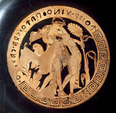 Starożytność Etrusków: fragment kiliksu przedstawiający Dionizosa i Arianę. Z Falerii Veteres (Civita Castellana) z VI wieku p.n.e. Rzym, Muzeum Narodowe Villa Giulia autorstwa Etruscan