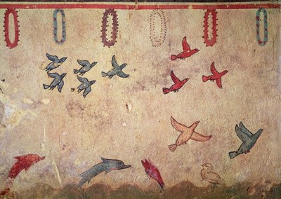 Ptaki wodne i skaczące delfiny, z Grobowca Łowiectwa i Rybołówstwa, ok. 520-10 pne (malowidło ścienne) autorstwa Etruscan