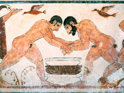 Sztuka etruska: sportowcy przedstawieni w grobowcu wróżbitów na nekropolii Monterozzi Tarquinia, niedaleko Viterbo we Włoszech. Fresk z VI wieku p.n.e. autorstwa Etruscan