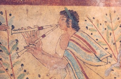 Sztuka etruska: flecista. Fragment fresku w Grobie Lampartów na nekropolii de Monterozzi we Włoszech, początek V wieku p.n.e. (fresk) autorstwa Etruscan