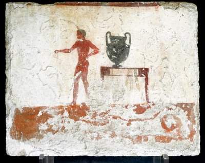 Sztuka etruska: młody nagi efeb przy stole, na którym stoi wazon. Fresk grobu „nurka”. Z południowego cmentarza Paestum. 480-470 pne. Museo Archeologico Nazionale, Paestum autorstwa Etruscan
