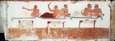 Sztuka etruska: scena bankietowa. Fresk grobu „nurka”. Z południowego cmentarza Paestum. 480-470 pne. Museo Archeologico Nazionale, Paestum autorstwa Etruscan