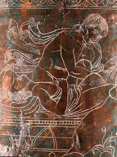 Sztuka etruska: fragment brązowego Cistusa Ficoroni przedstawiający legendę Argonautów: statek Argos. Z Preneste (Palestrina). 340 pne. Museo Nazionale di Villa Giulia, Rzym autorstwa Etruscan