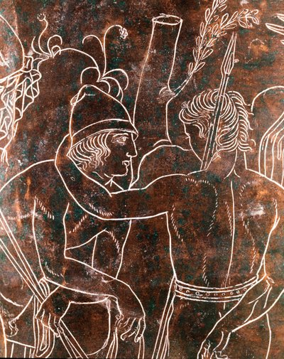 Sztuka etruska: fragment brązowego Cistusu Ficoroni przedstawiający legendę Argonautów. Z Preneste (Palestrina). 340 pne. Muzeum Narodowe Villa Giulia, Rzym autorstwa Etruscan