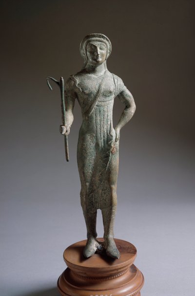 Cywilizacja etruska: rzeźba z brązu „”figura ofiarodawcy”, 480 pne, wym. 27 cm z Isola di Fano, Włochy autorstwa Etruscan