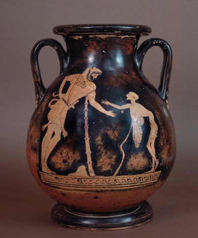 Cywilizacja etruska: pelike z terakoty przedstawiający Herkulesa i starca, symbol starości, z Cerveteri, Włochy, V-IV wiek p.n.e. autorstwa Etruscan