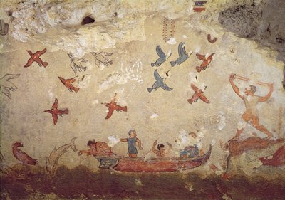 Rybacy w łodzi i ptaki latające, z Grobowca Rybołówstwa i Łowiectwa, ok. 520-510 pne (malowidło ścienne) autorstwa Etruscan