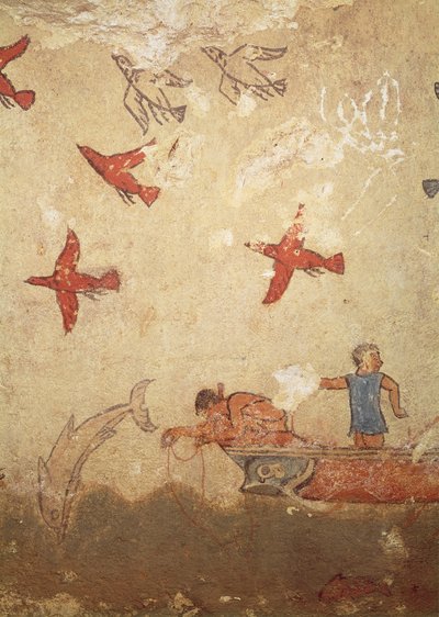 Łódź rybacka, z Grobowca Łowiectwa i Rybołówstwa, ok. 520-10 pne (malarstwo ścienne) autorstwa Etruscan