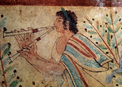 Flecista. Fragment fresku Grobowca Lampartów, V wiek p.n.e. autorstwa Etruscan