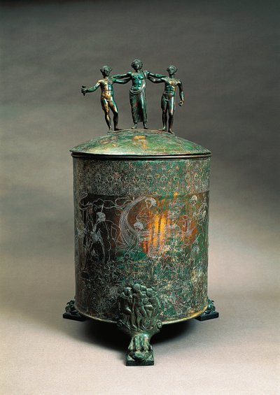 Włochy, Lacjum, Preneste, Ficoroni Cista (miedziana szkatułka do przechowywania klejnotów) z dekoracją przedstawiającą mit Argonautów autorstwa Etruscan