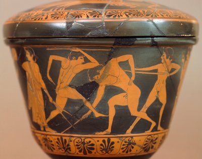 Pyxis ze sportowcami na siłowni. Cerveteri czerwonofigurowe, z Cerveteri (Lazio). Cywilizacja etruska, IV wiek p.n.e. autorstwa Etruscan