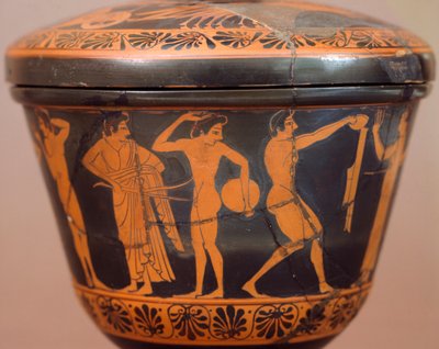 Pyxis ze sportowcami wykonującymi dyski i inne dyscypliny. Cerveteri czerwonofigurowe, z Cerveteri (Lazio). Cywilizacja etruska, IV wiek p.n.e. autorstwa Etruscan