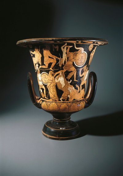 Ceramika czerwonofigurowa, krater kielicha przedstawiający Neoptolemusa, Astianaksa, Helenę Trojańską i Priamo na ziemi, autorstwa Nazzano Painter, z Civita Castellana autorstwa Etruscan