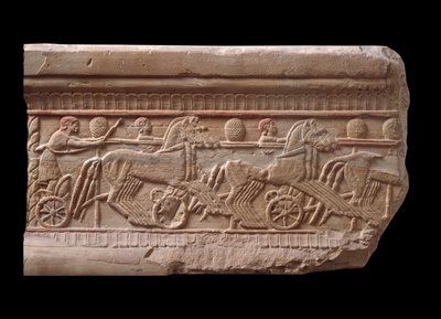 Płaskorzeźba z wyścigiem rydwanów z marmurowego kamienia milowego w Chiusi, Włochy, VI wiek pne autorstwa Etruscan