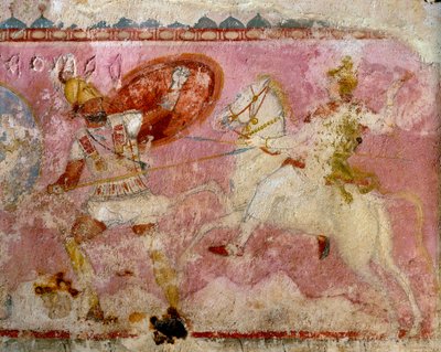 Sarkofag Amazonki z namalowaną sceną bitwy, biały wapień, z Tarkwinii, region Latium, Włochy, detal autorstwa Etruscan
