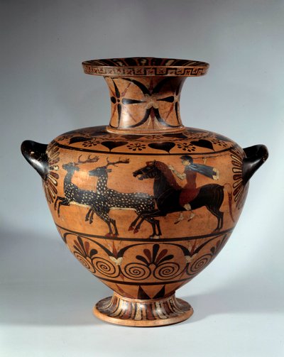 Wodotrysk ceramiczny z czarnymi figurami, zwany Care. Twarz: polowanie na jelenie Rewers: dwa skrzydła byka galopujące w przeciwnym kierunku. Około 540-530 pne. Słońce 0,4 m Paryż, Musee du Louvre autorstwa Etruscan Etruscan