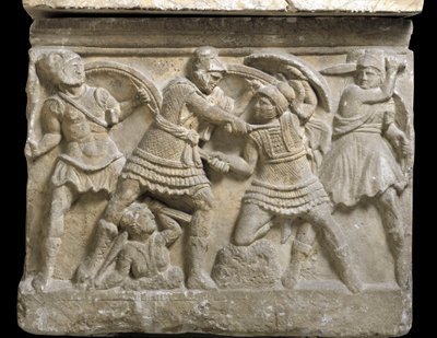 Sztuka etruska: „Eteokles i Polinice”” dwaj bracia, syn Edypa, płaskorzeźba sarkofagu Chiusi, III wpne - Palermo, Museo Archeologico Nazionale - Pojedynek braci Eteoklesa i Polinik, synów Edypa - Bas -ulga, detai autorstwa Etruscan Etruscan