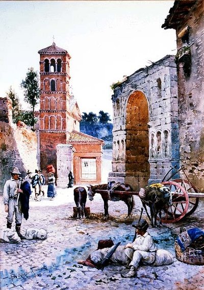 Figury na rzymskim placu przy łuku (akwarela) autorstwa Ettore Roesler Franz