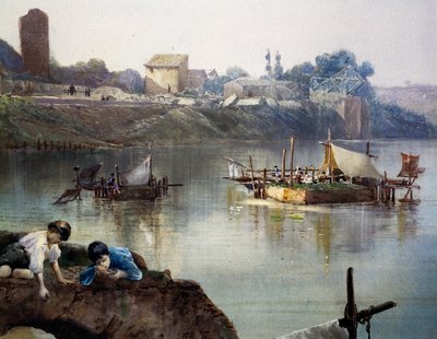 Rybacy Giornelli (koła rybackie) na Tybrze w pobliżu Porto di Ripa Grande w Rzymie, autorstwa Ettore Roesler Franz (1845-1907), akwarela, Włochy autorstwa Ettore Roesler Franz