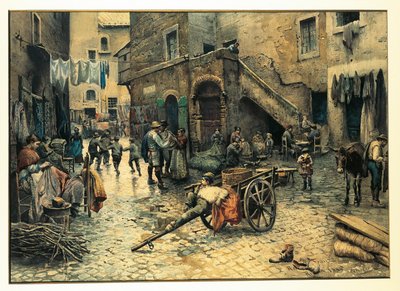 Włochy, Rzym, Życie uliczne na Via Capocciuto w (żydowskim) getcie w Rzymie autorstwa Ettore Roesler Franz, akwarela autorstwa Ettore Roesler Franz