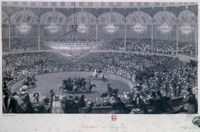 Pokaz koni w cyrku Franconi, Champs Elysees, Paryż, Eugene Louis Lami (1800-1890), ryty przez Charlesa Mottrama (1807-1876) zaczerpnięty z Lata i Zimy w Paryżu autorstwa Eugene Louis Lami