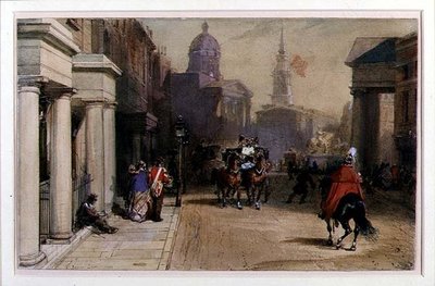 Trafalgar Square z Pall Mall, ok. 1848-52 (akwarela i gwasz na ołówku na papierze) autorstwa Eugene Louis Lami