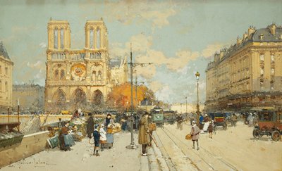 Postacie na słonecznej paryskiej ulicy, Notre Dame po lewej autorstwa Eugene Galien Laloue