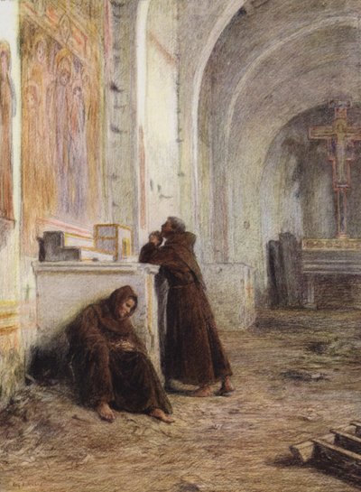 Brat Giles i jego towarzysz mdlejący z głodu w opuszczonym kościele (kolorowa litografia) autorstwa Eugene (after) Burnand