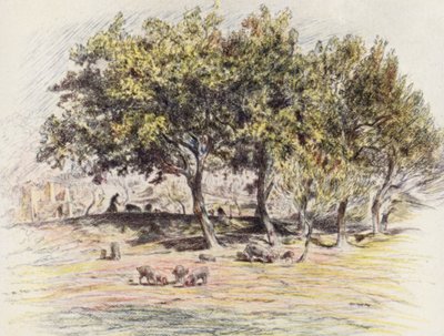 Brat Juniper odcina nogę świni, aby dać ją choremu człowiekowi (kolorowa litografia) autorstwa Eugene (after) Burnand