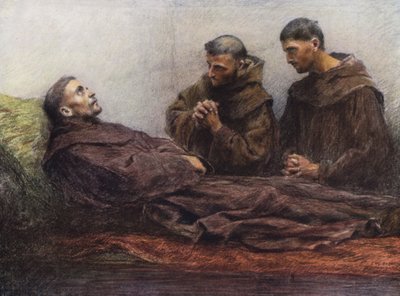Franciszek chory w pałacu biskupim w Asyżu (kolorowa litografia) autorstwa Eugene (after) Burnand