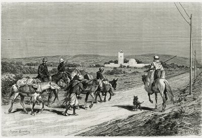 Nasza przyczepa jest w ruchu. Grawerowane przez Eugene Girardeta, aby zilustrować historię „Podróż w Tunisie”, autorstwa historyka Rene Cagnata (1852-1937) i architekta Henri Saladina (1851-1923), zlecone w latach 1882-1883 przez Ministerstwo Oświaty Publi autorstwa Eugene Alexis Girardet