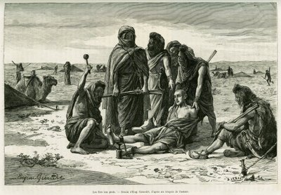 Pójdą na nogi. Grawerowanie autorstwa Eugene Girardeta, aby zilustrować historię Cinq mois chez les moures nomades du Sahara occidental, w 1887, autorstwa Camille Douls, in le tour du monde 1888, pod kierownictwem Edouarda Chartona (1807-1890), Hachette, P autorstwa Eugene Alexis Girardet
