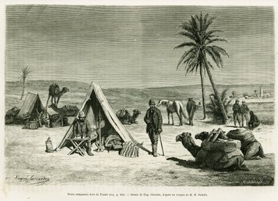 Obóz podróżny w okolicach Tozeur. Grawer autorstwa Eugene Girardeta ilustrujący opowiadanie Voyage en Tunisie, autorstwa R. Cagnata i H. Saladin, in le tour du monde 1886, w reżyserii Edouarda Chartona (1807-1890), Hachette, Paryż. autorstwa Eugene Alexis Girardet