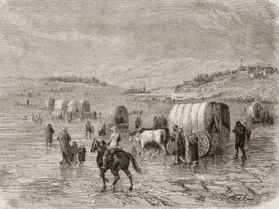 Pociąg wagonowy jadący na zachód w latach 60. XIX wieku, rytowany przez Stephane Pannemakera (1847-1930) autorstwa Eugene Antoine Samuel Lavieille