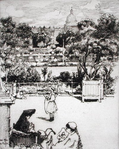 Park paryski, z „Du Ier au XXeme: Les Arrondissements de Paris...”, wyd. 1903 (akwaforta) autorstwa Eugene Bejot