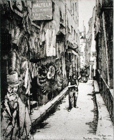 Ulica paryska, z „Du Ier au XXeme: Les Arrondissements de Paris...”, wyd. 1903 (akwaforta) autorstwa Eugene Bejot