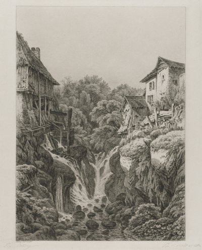 Młyn i wodospad Grésy w pobliżu Aix-les-Bains , 1856. autorstwa Eugene Bléry