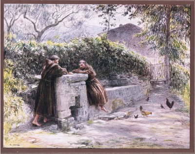 Poczęstunek św. Franciszka i Brata Masseo przy fontannie. Św. Franciszek chwali ubóstwo, 1919 autorstwa Eugene Burnand