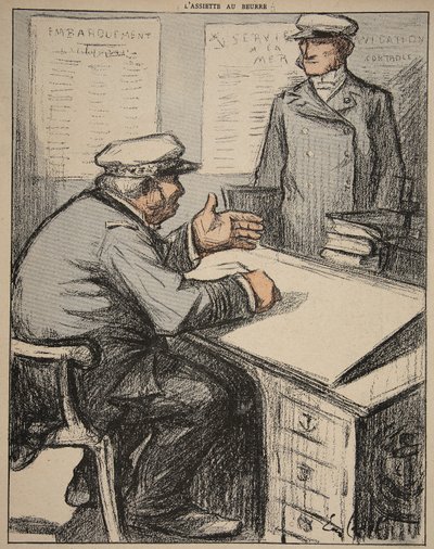 Dwóch marynarzy w swoich biurach, ilustracja z „The Butter Plate: The Officials”, 9 sierpnia 1902 autorstwa Eugene Cadel
