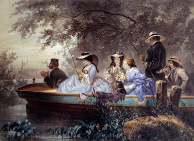 Niedziela z rodziną, łowienie ryb w rzece Litografia – Eugene Guerard (1821-1866) XIX-wieczny Paryż, Musee Carnavalet autorstwa Eugene Charles Francois Guerard